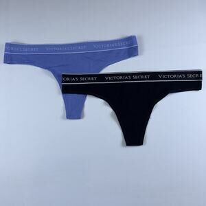 2 Victoria's Secret Logo Cotton Thong String Blue & Black Panties S.L NWT